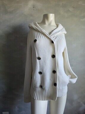 Gap Ivory White Cotton Double Breasted Knit Hooded Cardigan Womens Sz M